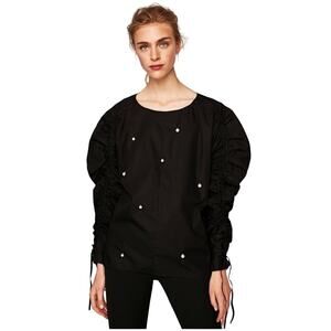ZARA Faux Pearl Gathered Tie Sleeve Blouse Top